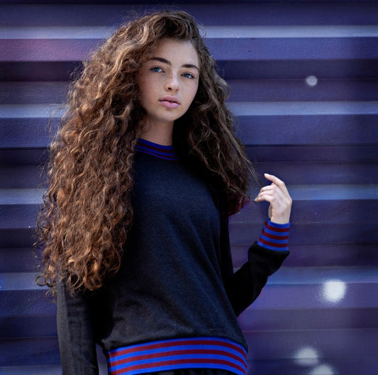 Charcoal Top with Striped Trim