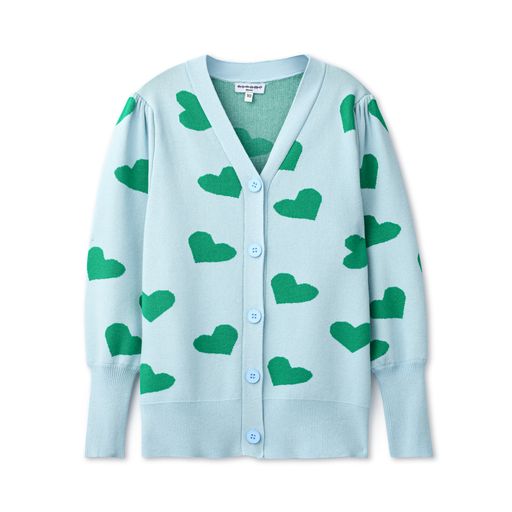 Pale Blue Cardigan with Green Hearts