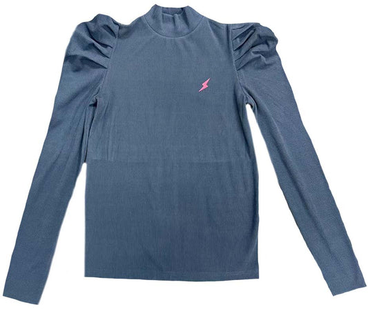 Blue Ribbed Puff Sleeve Mock Neck
