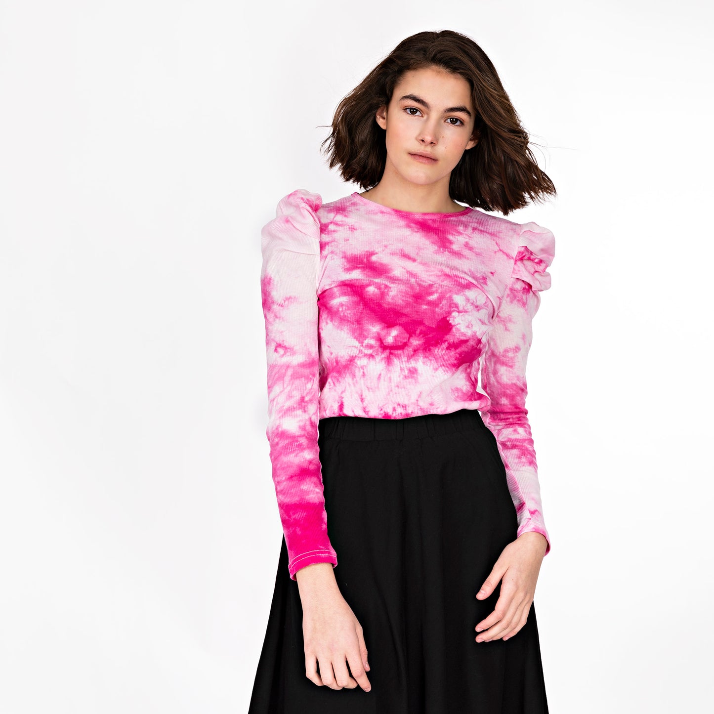 Pink Tie Dye Ruched Shoulder T-Shirt