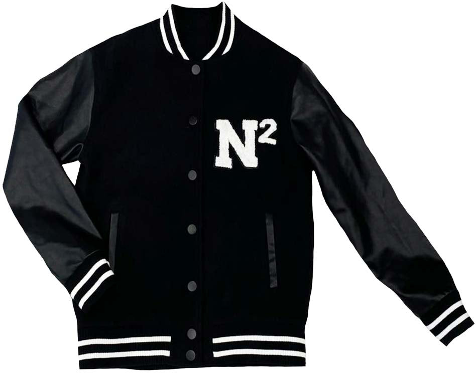 Black Varsity Bomber with Leather Sleeves